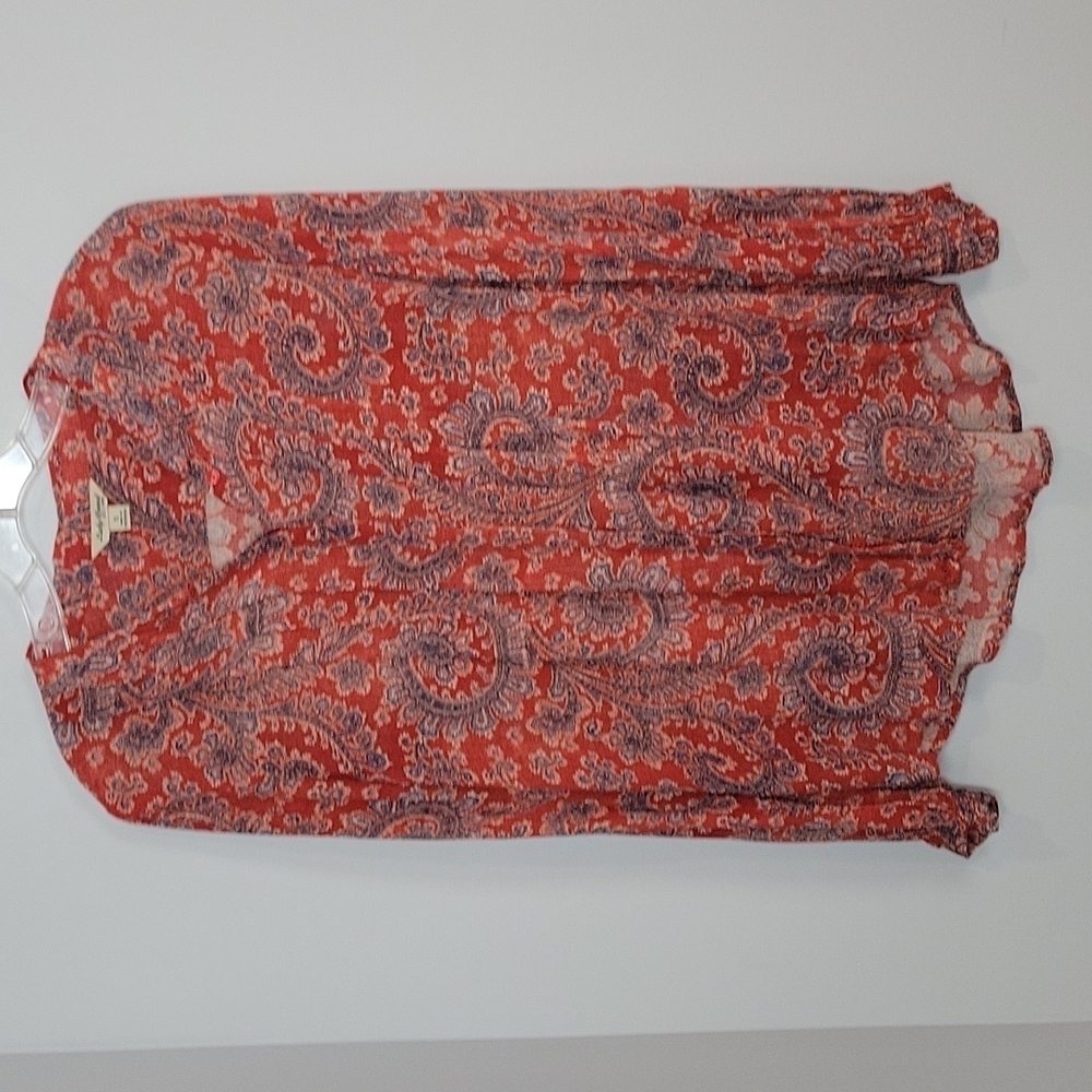 Lucky Brand Red & Blue Paisley Pleated Peasant Long Sleeve Blouse
